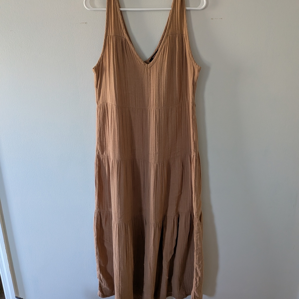 Quince Tan Brown Maxi Dress Tiered Cotton